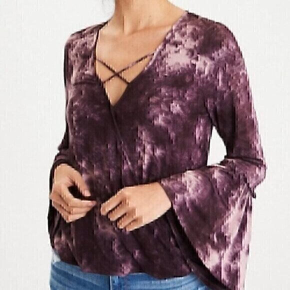 AMERICAN EAGLE Soft Sexy T Tie Dye Faux Wrap Top Purple Surplice Long Sleeve S - Picture 1 of 12